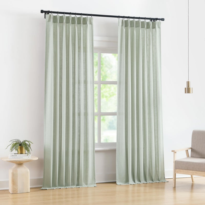 Vision Home Pinch Pleated Semi Sheer Curtains Textured Linen Blended Light Filtering Window Curtains 90 inch for Living Room Bedroom Pinch Pleat Drapes with Hooks 2 Panels 40"" Wx90 L,Soft Green - Image 1